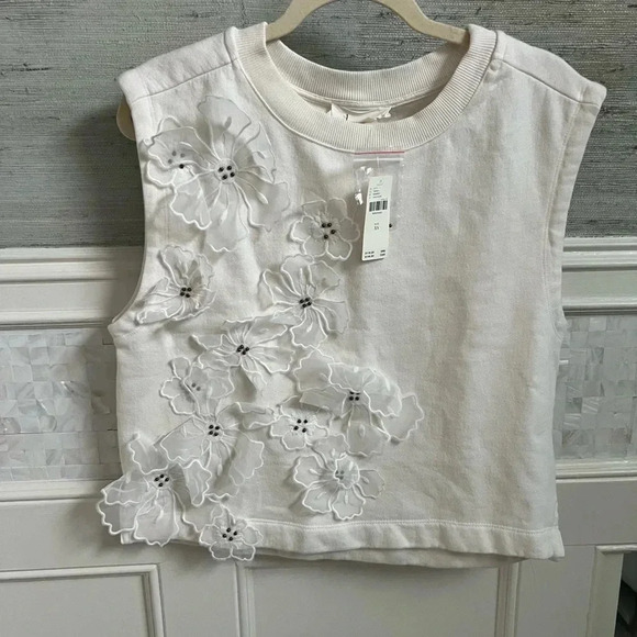 NWT new Anthropologie floral appliqué knit top XS white ivory sleeveless tank - Picture 3 of 17